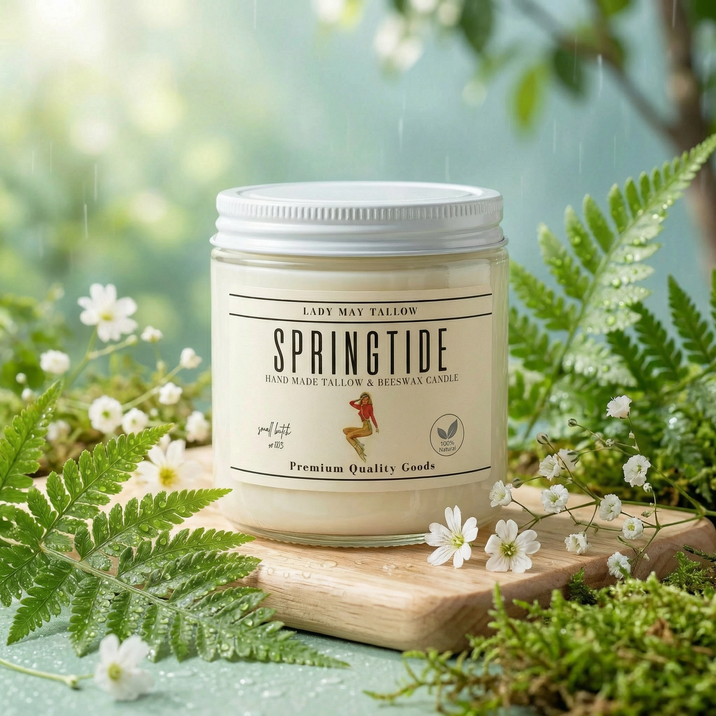Lady May Tallow Classic Tallow and Beeswax Candle in 16oz jar with natural scents, non-toxic and clean-burning.