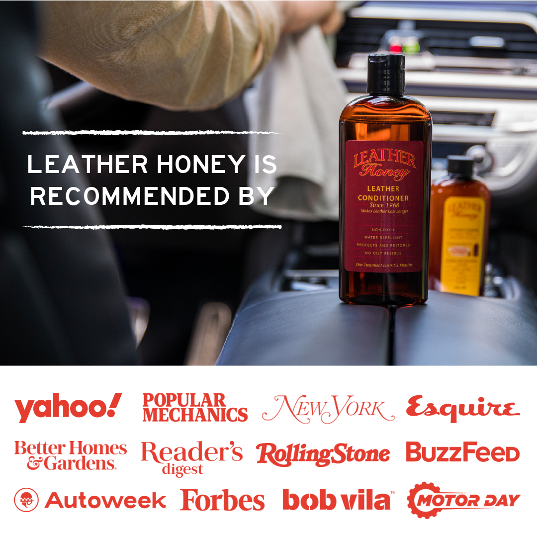 Leather Honey Leather Care Kit with bottles of cleaner, conditioner, and applicators for maintaining leather furniture and accessories.