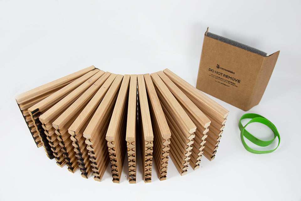 CrownBees Spring reusable wood tray with 96 holes for mason bee nesting, designed for sustainable bee habitat management.