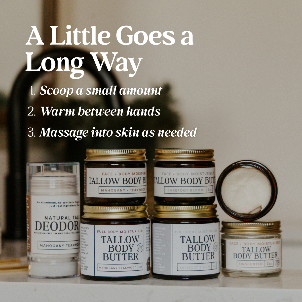 Revive Homestead tallow body butter jar with white lid, creamy natural moisturizer for skin care.
