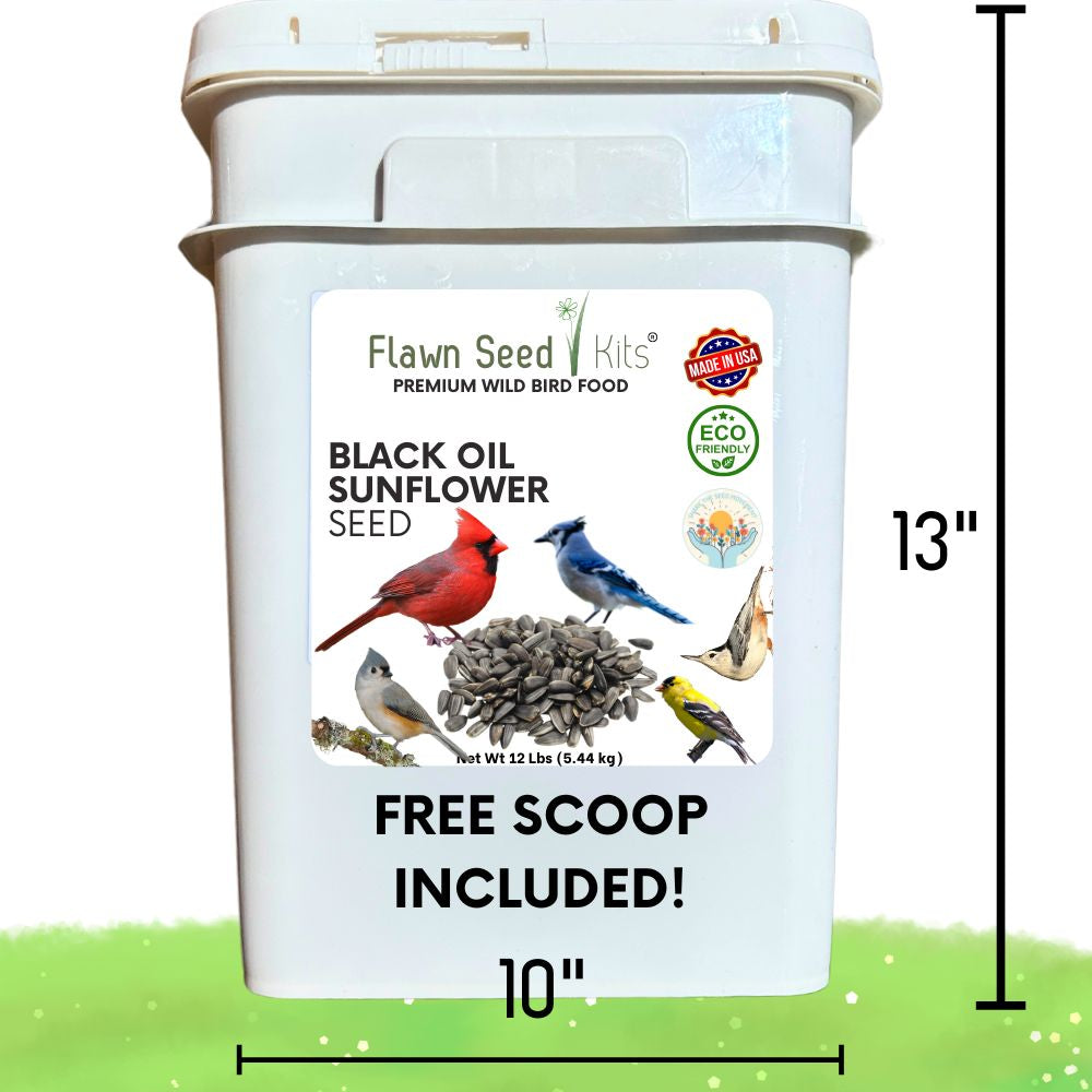 12-pound pail of Flawn Seed Kits premium black oil sunflower wild bird seed for attracting birds