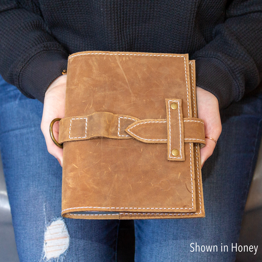 Mini journal cover in tobacco color by Rebekah Scott Designs, featuring textured leather with subtle stitching details.