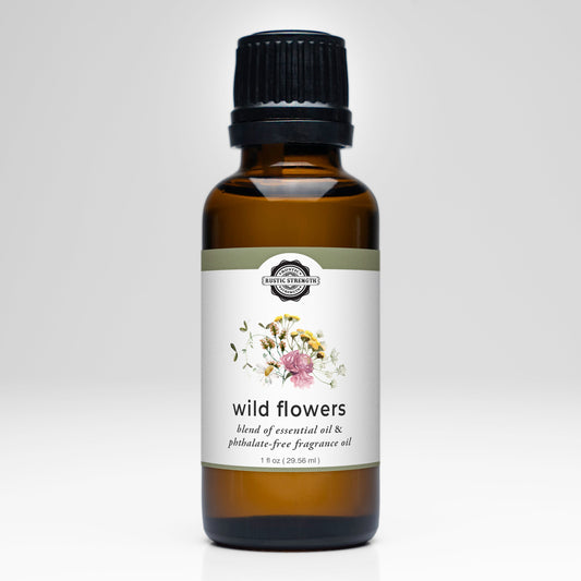 Rustic Strength Wild Flowers essential oil and fragrance oil blend in a 1 oz bottle, phthalate-free floral scent for aromatherapy.