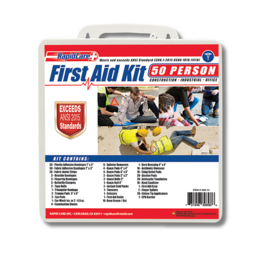 Small plastic 50-person first aid kit by Rapid Care First Aid, featuring 247 medical supplies for emergency preparedness.