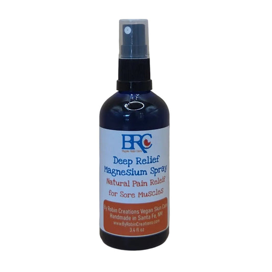By Robin Creations Deep Relief Magnesium Spray for sore muscles, in a spray bottle, skin care product for muscle relaxation.