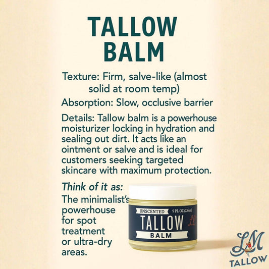 Unscented Lady May Tallow all-natural beef tallow body cream jar with a simple label, showing the moisturizing balm inside.
