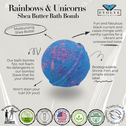 Colorful rainbow and unicorn-shaped bath bomb from Evolve Botanica, showing vibrant hues and whimsical design for a relaxing bath.