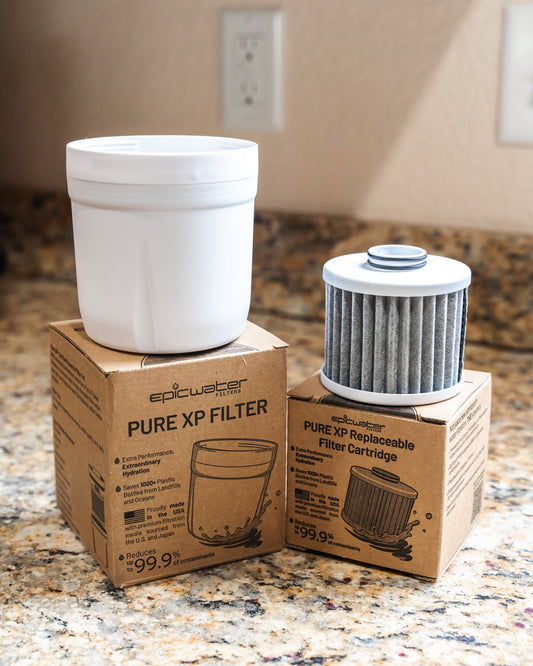Pure XP replacement filter from Epic Water Filters USA, showing a cylindrical water filter cartridge with branding and filter details.