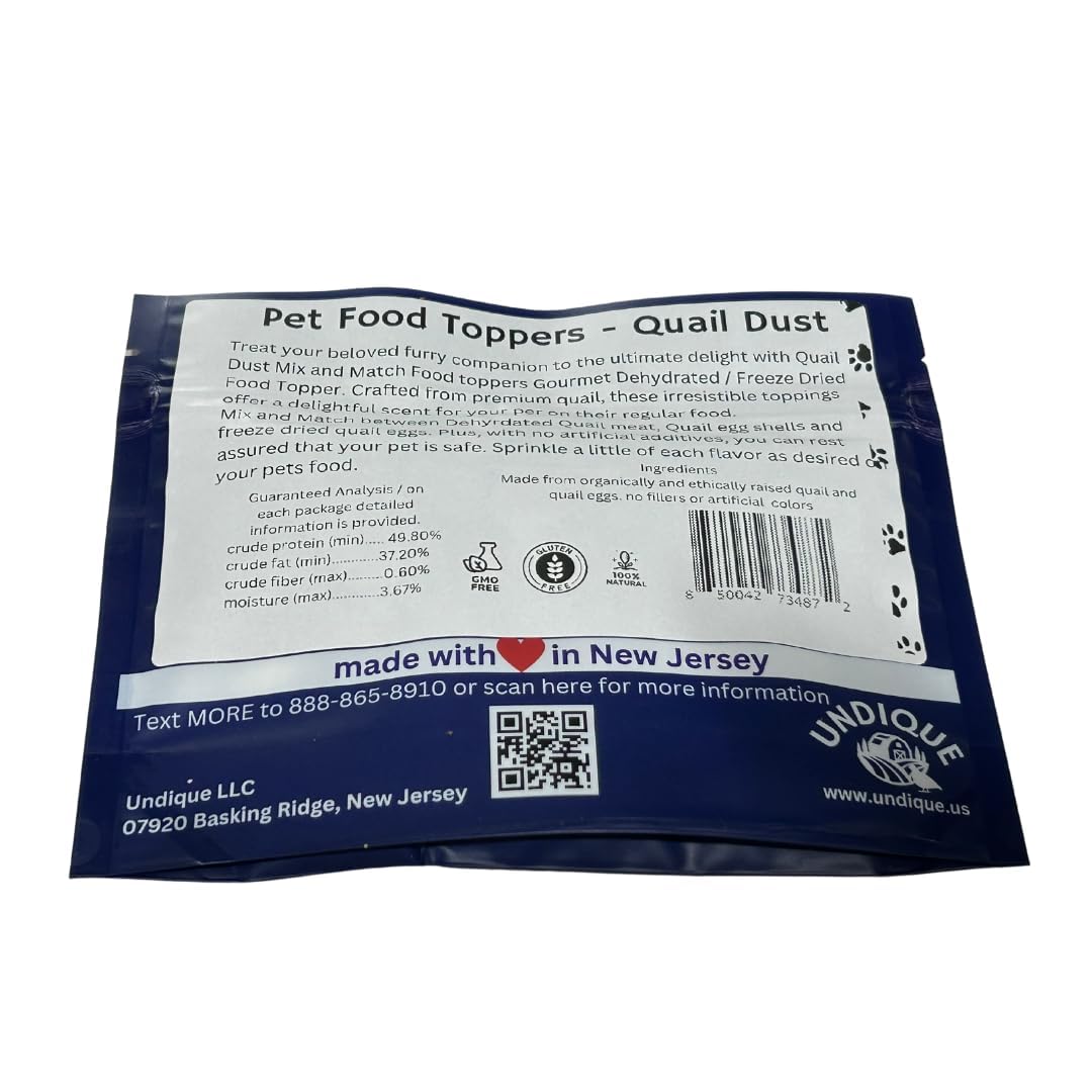 Natural pet food topper with quail eggshells, meat, and eggs for dogs and cats, rich in protein, calcium, vitamins, and minerals.
