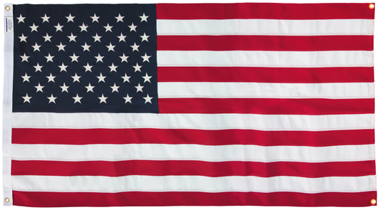 Polyester WallSafe™ American flag with reinforced grommets, wall-mounted, made in the USA by Flagman of America.