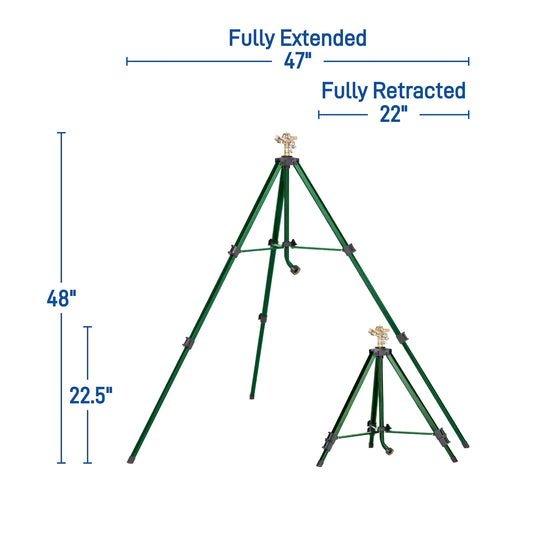 Orbit Irrigation 1/2 inch brass impact sprinkler on tripod base for large area watering, adjustable spray pattern.