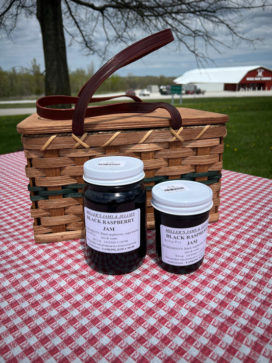 Amish Country Store black raspberry jam jar, authentic Amish-made Amish jam in a glass jar with a label.
