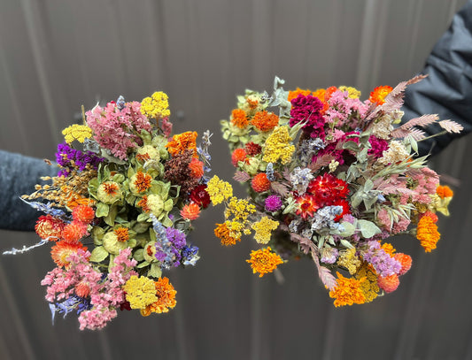 Bright dried bouquet of SMFF Flowers from Sunny Meadows Flower Farm featuring colorful, cheerful dried blooms arranged in a natural style.