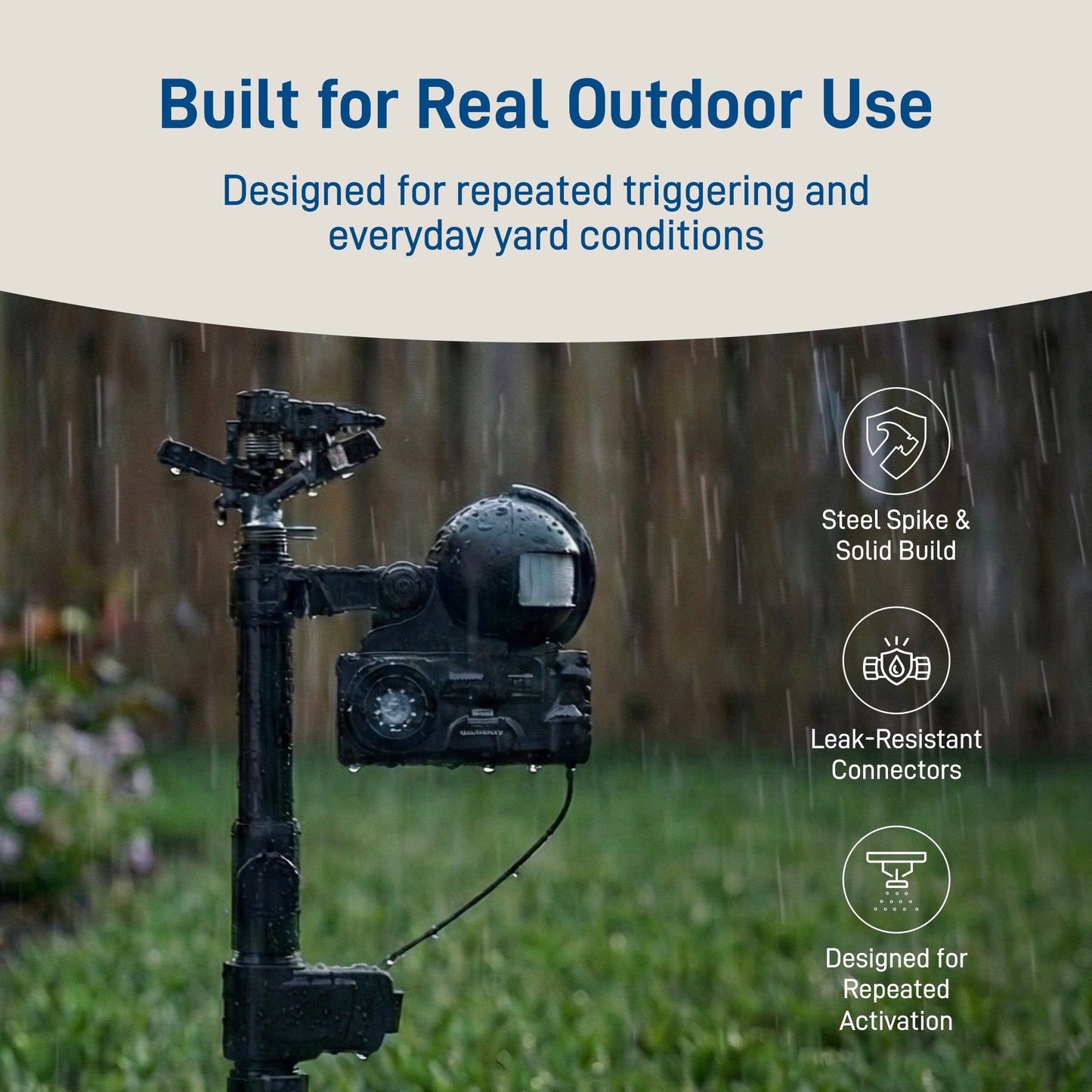 Orbit Irrigation Yard Enforcer motion-activated sprinkler attached to garden hose, ready to deter pests with water spray.