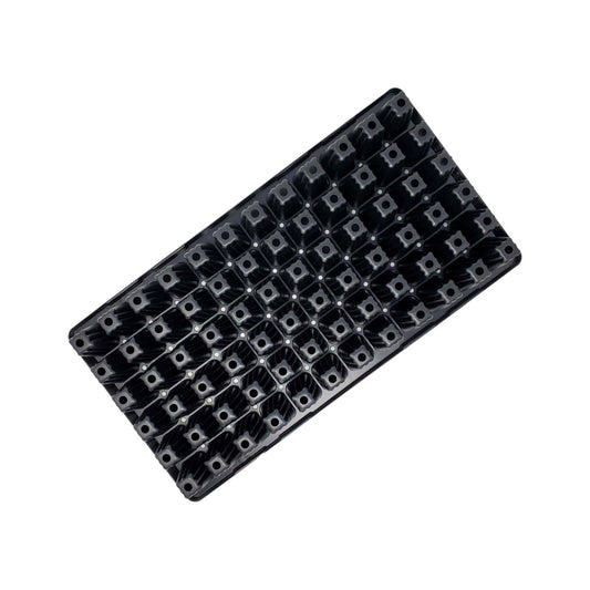 Plastic seed starting tray showing numerous small square cells ideal for starting seeds indoors with its black color and grid-like pattern for even spacing and drainage