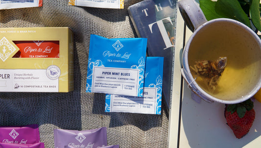 Assorted caffeine-free tea bags in a tasting flight box from Piper and Leaf Tea Co.
