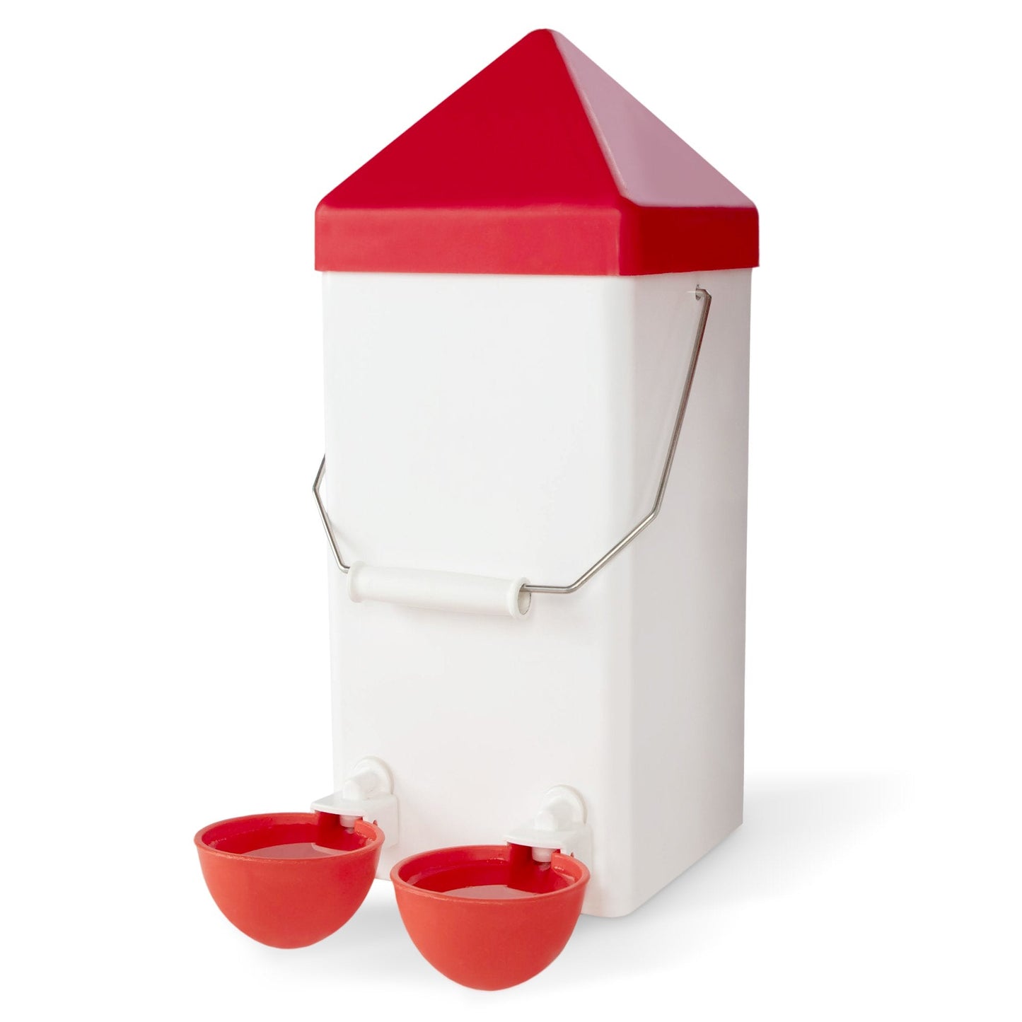 The My Pet Chicken Farmight 1 Gallon Chick/Small Flock Waterer features a white rectangular body, red pyramid-shaped lid, metal handle, and two red round bowls with spouts for easy poultry access.