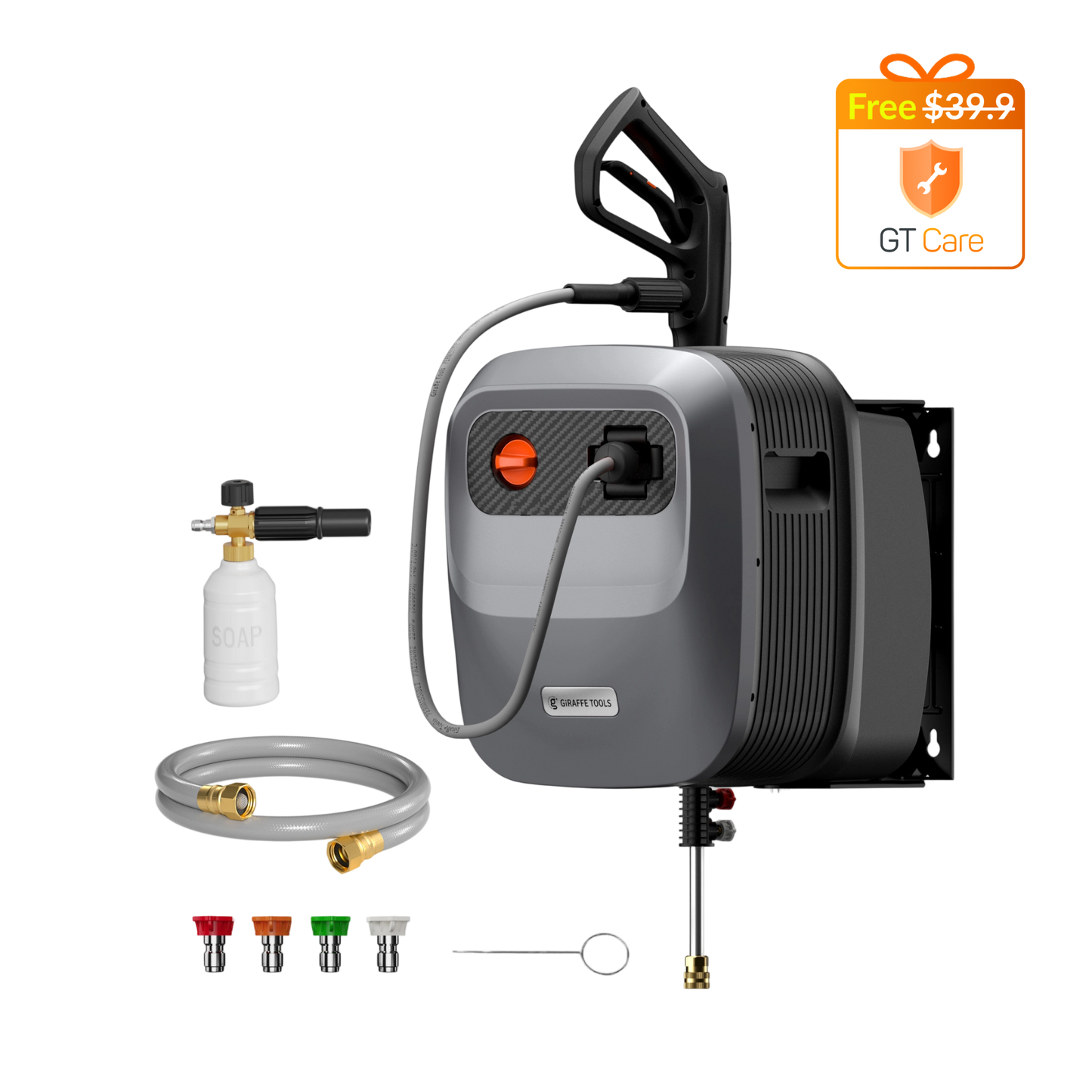 Giraffe Tools US Grandfalls Retractable Pressure Washer G20 with hose reel and handle, ready for outdoor cleaning tasks