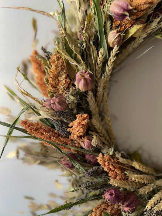 Dried King Harvest wreath with SMFF Flowers from Sunny Meadows Flower Farm, featuring autumnal dried floral arrangement.