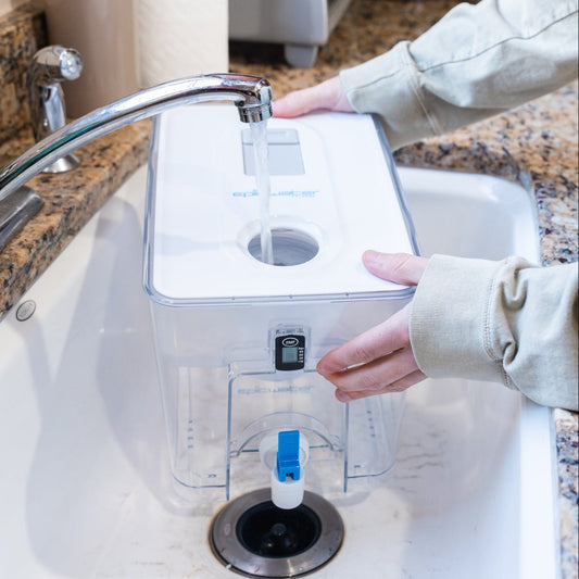 Epic Water Filters Pure XP Dispenser in red, designed to reduce fluoride and PFAS for clean, filtered water.