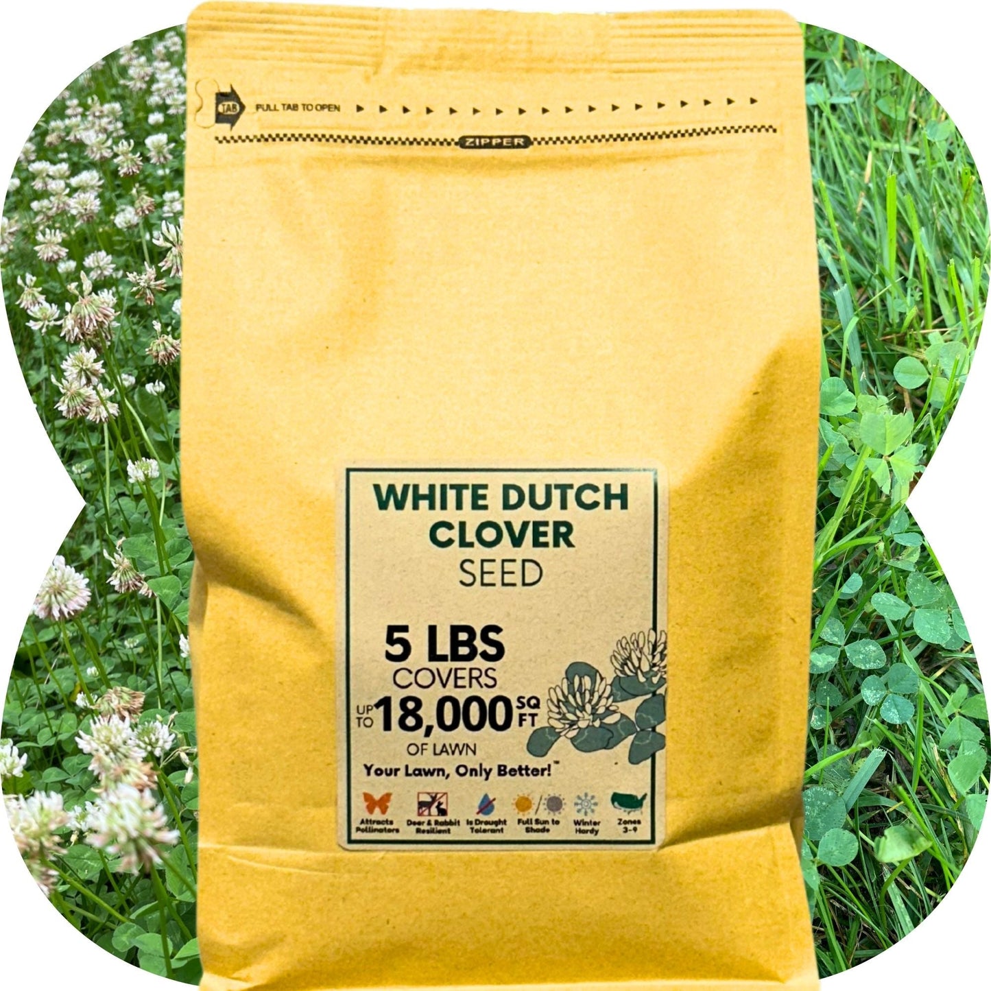 A Flawn Seed Kits Dutch White Clover Seed Pouch, a nitrogen-fixing plant, sits before lush clover. The pouch states it contains 5 lbs and covers up to 18,000 sq ft of lawn.