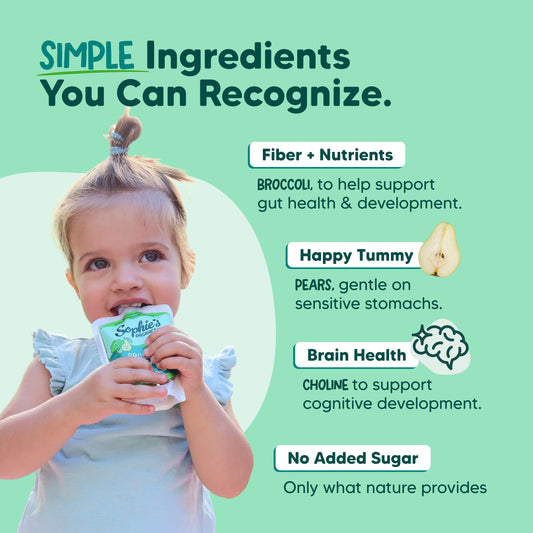 Fresh green baby snacks from Sophie's Organics Green Dream 6-pack, showcasing organic, healthy treats for little ones.