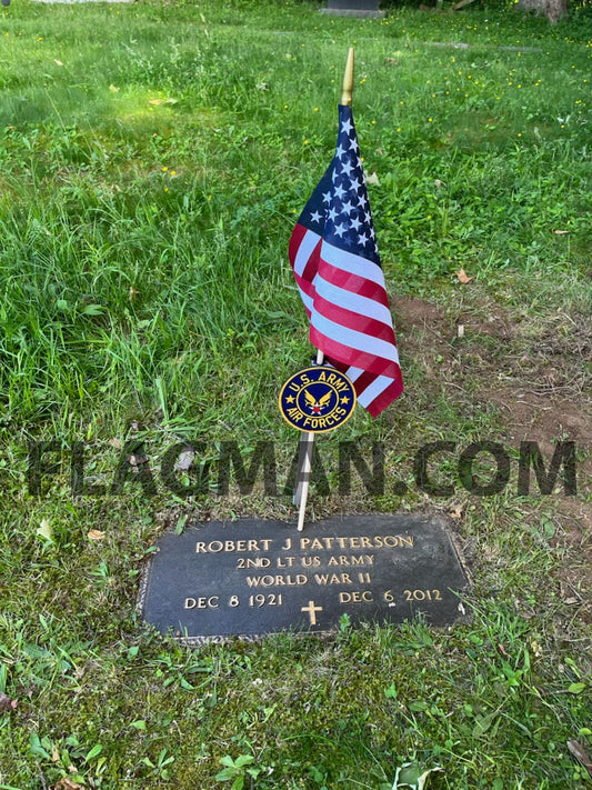 US Army Air Forces grave marker by Flagman of America, made in USA, showing engraved emblem and commemorative design.