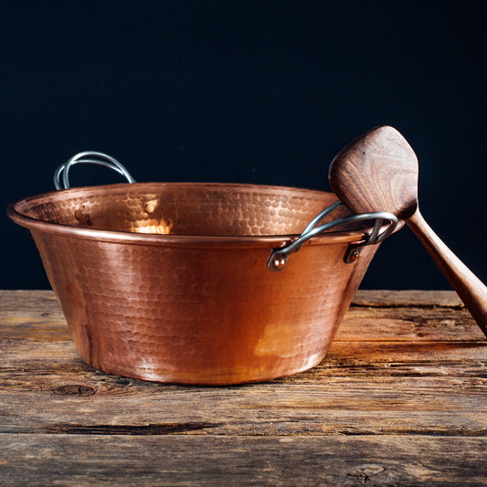 Sertodo Permian Copper Jam Pans with square ladles, showcasing handcrafted copper pots and utensils for jam making.