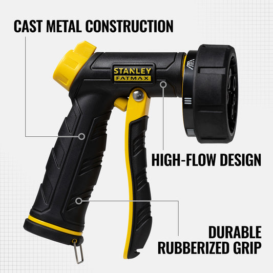 Orbit Irrigation FATMAX 7-Pattern Front Trigger Nozzle for versatile watering, shown with multiple spray pattern settings.