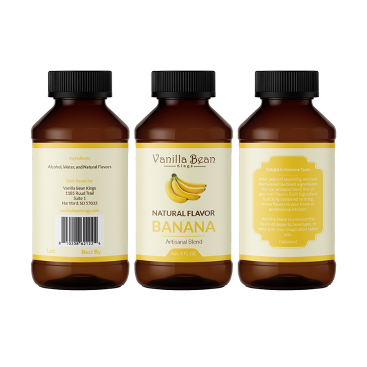 Natural banana extract from Vanilla Bean Kings displayed in a clear bottle with a banana illustration on the label.