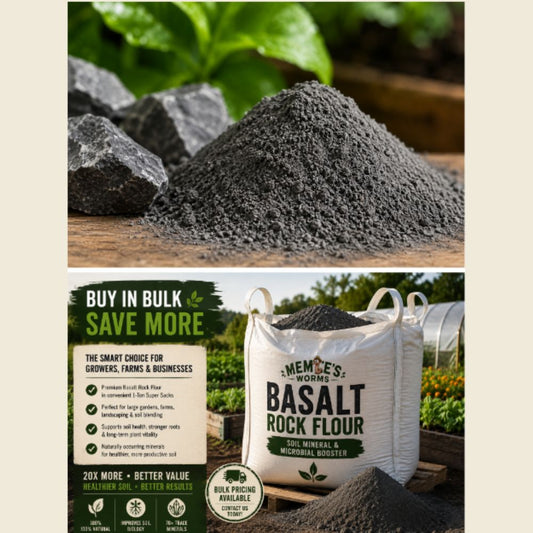 Dark basalt rock dust from Meme's Worms, showcasing fine volcanic mineral soil ideal for enriching garden and plant soils.