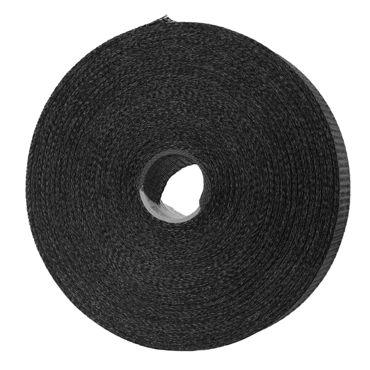 A coil of Bootstrap Farmers 1.75 x 300 ft black Wellington Batten Tape for Greenhouse Plastic is UV-resistant, with a hollow center highlighting its textured surface against a white background, ideal for securely fastening greenhouse plastic.