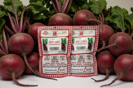 Freeze-dried beet chips by Double L Ranch, showing vibrant red beet slices with a crispy texture.