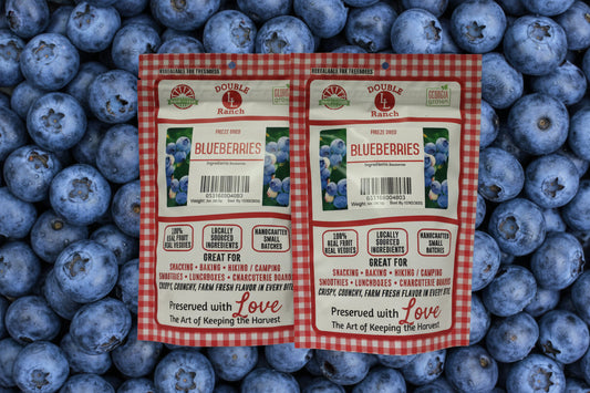 Close-up of freeze-dried blueberries from Double L Ranch in a clear container, showcasing vibrant blue color and textured surface.