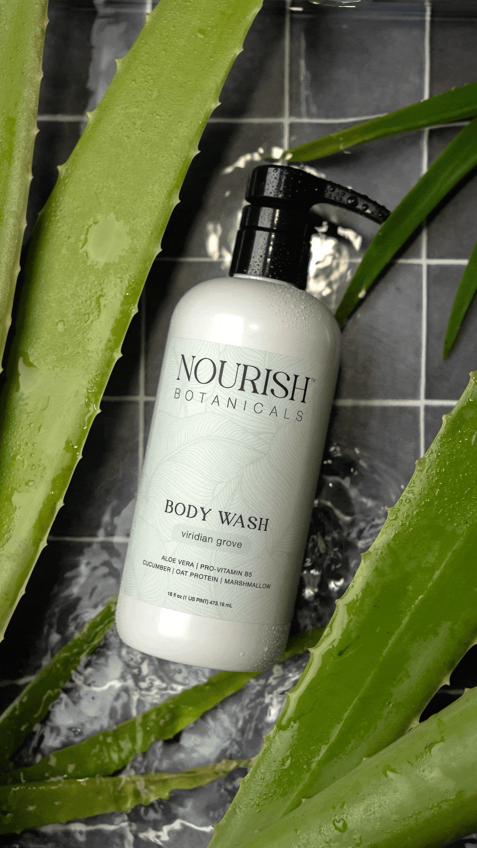 Rustic Strength Aloe Vera Body Wash from Cottage Garden, showing a smooth gel texture in a clear bottle on a bathroom shelf.
