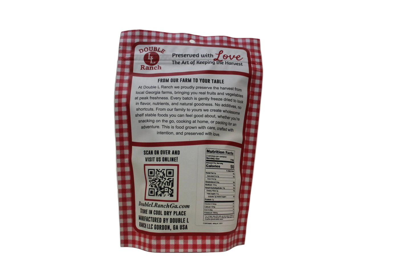 Freeze-dried Bonnie's Peach Crumble by Double L Ranch, showing a close-up of the crispy, golden peach crumble topping.