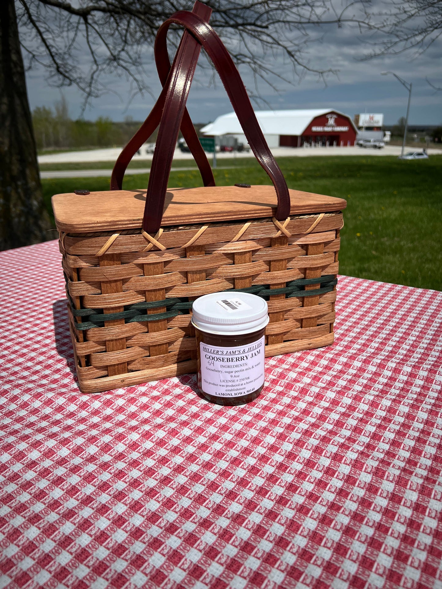 Amish Country Store Miller’s Gooseberry Jam jar with a label, showcasing the Amish jam's rich, homemade appearance.