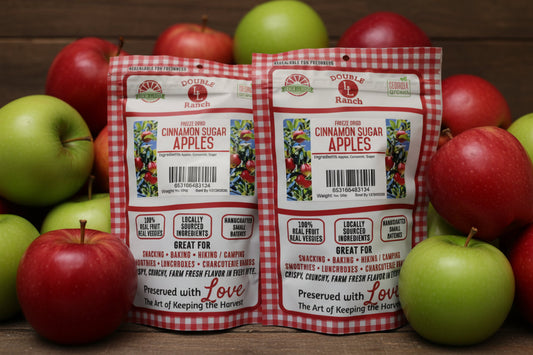 Freeze dried cinnamon and sugar apples by Double L Ranch, showing crispy apple slices coated with cinnamon and sugar.