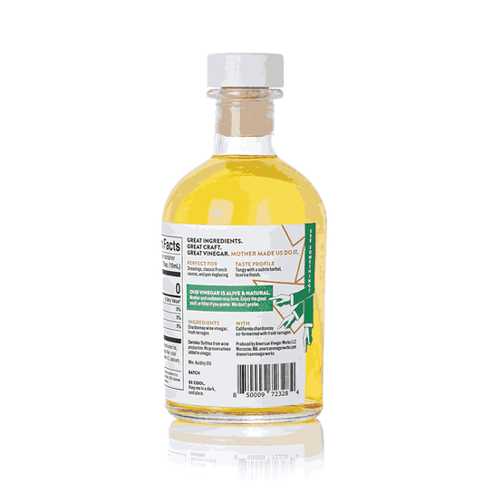 Back label of American Vinegar Works California Chardonnay Tarragon Wine Vinegar bottle showing brand and product details.