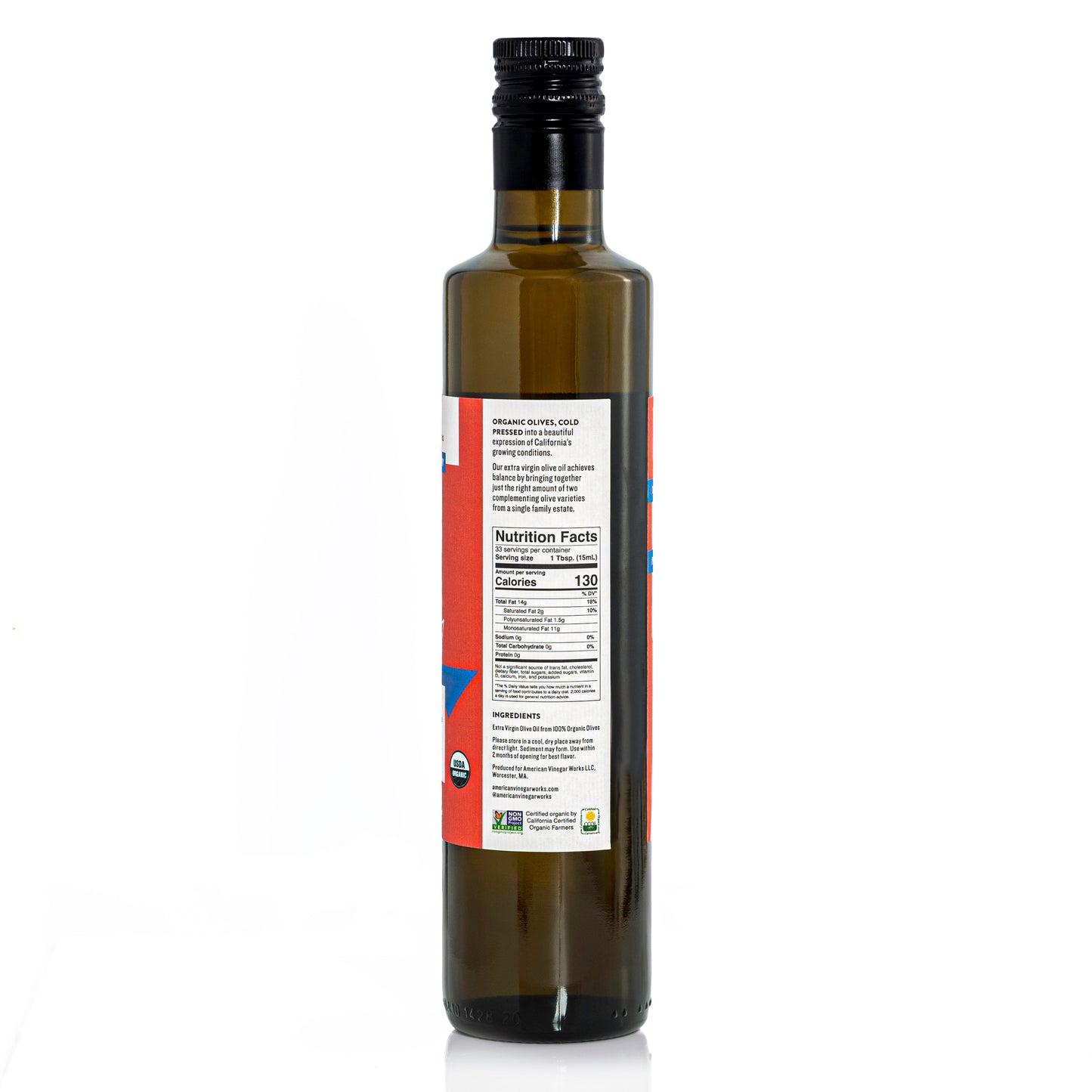 California organic extra virgin olive oil bottle with nutrition facts label, showcasing American Vinegar Works branding and product details.