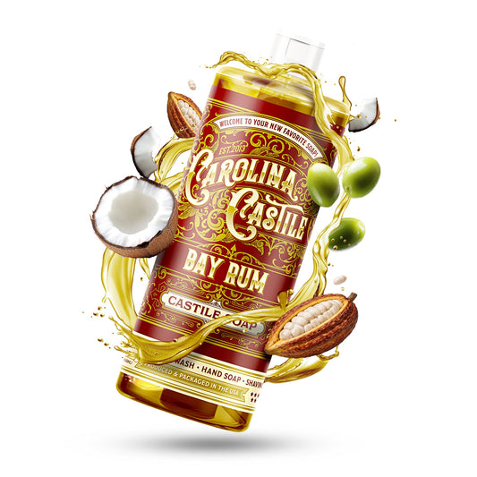 Carolina Castile Soap with bay rum scent in a 32oz bottle, natural liquid soap featuring a clear bottle and label.