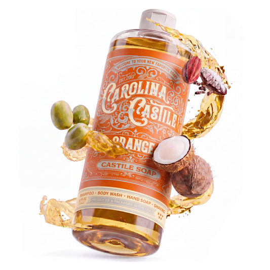 Liquid orange castile soap by Carolina Castile Soap, featuring a clear bottle with bright orange soap inside.