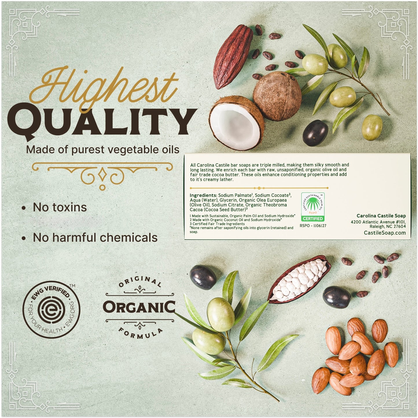 Unscented Carolina Castile Soap bar with natural ingredients, showing the ingredient panel on a white background.