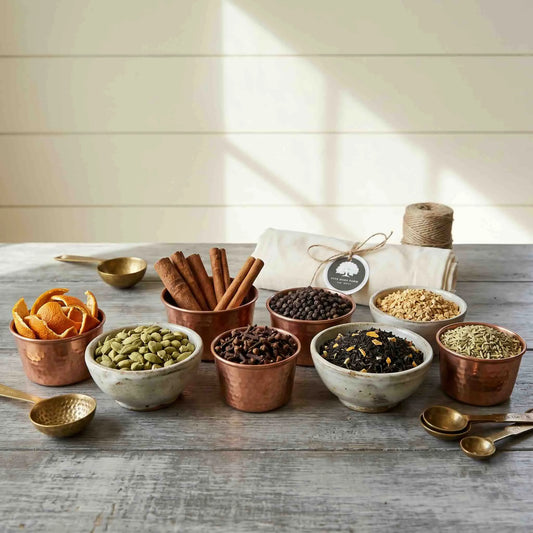 Five Oaks Farm chai tea mix featuring aromatic spices and herbs in a clear jar, showcasing fresh ingredients for homemade chai.