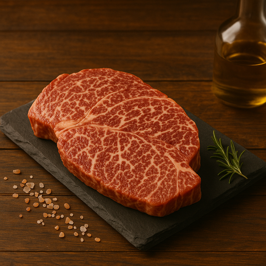 Five Oaks Farm Wagyu FOF The Five Oaks Griller's Box with assorted cuts of premium Wagyu beef on a wooden serving platter.