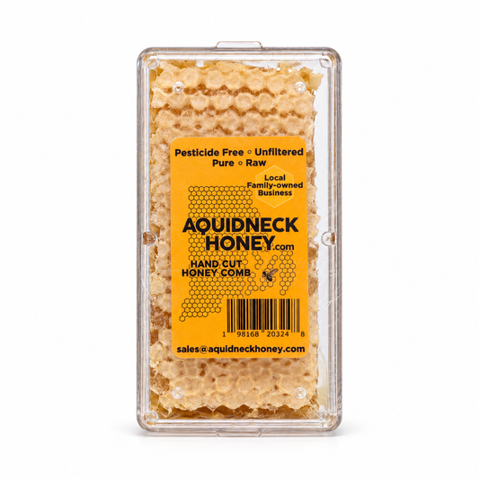 Close-up of Aquidneck Honey New England hand-cut honey comb showing golden honey and textured beeswax in natural detail.