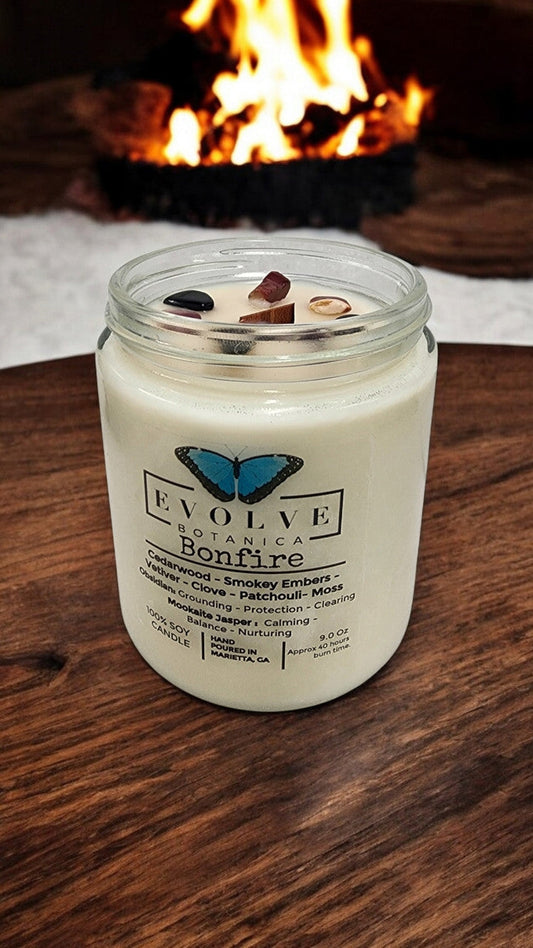 Classic 9oz Jam Jar Crystal Soy Candle - Bonfire (Obsidian & Mookaite)