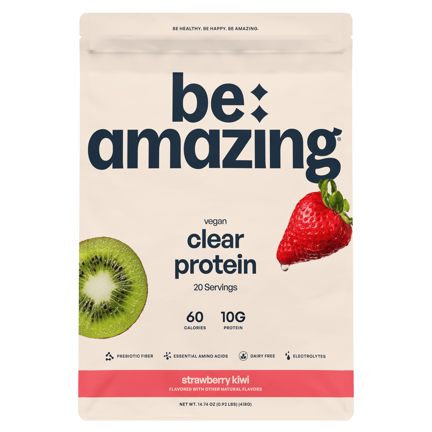 Clear Be Amazing vegan protein drink with strawberry and kiwi flavor in a transparent bottle.