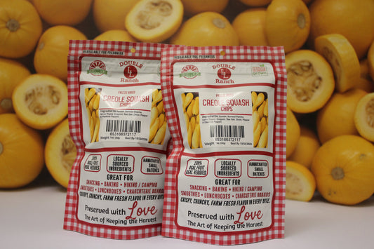 Freeze-dried Creole Squash Chips by Double L Ranch, crispy orange slices with textured surface and vibrant color.