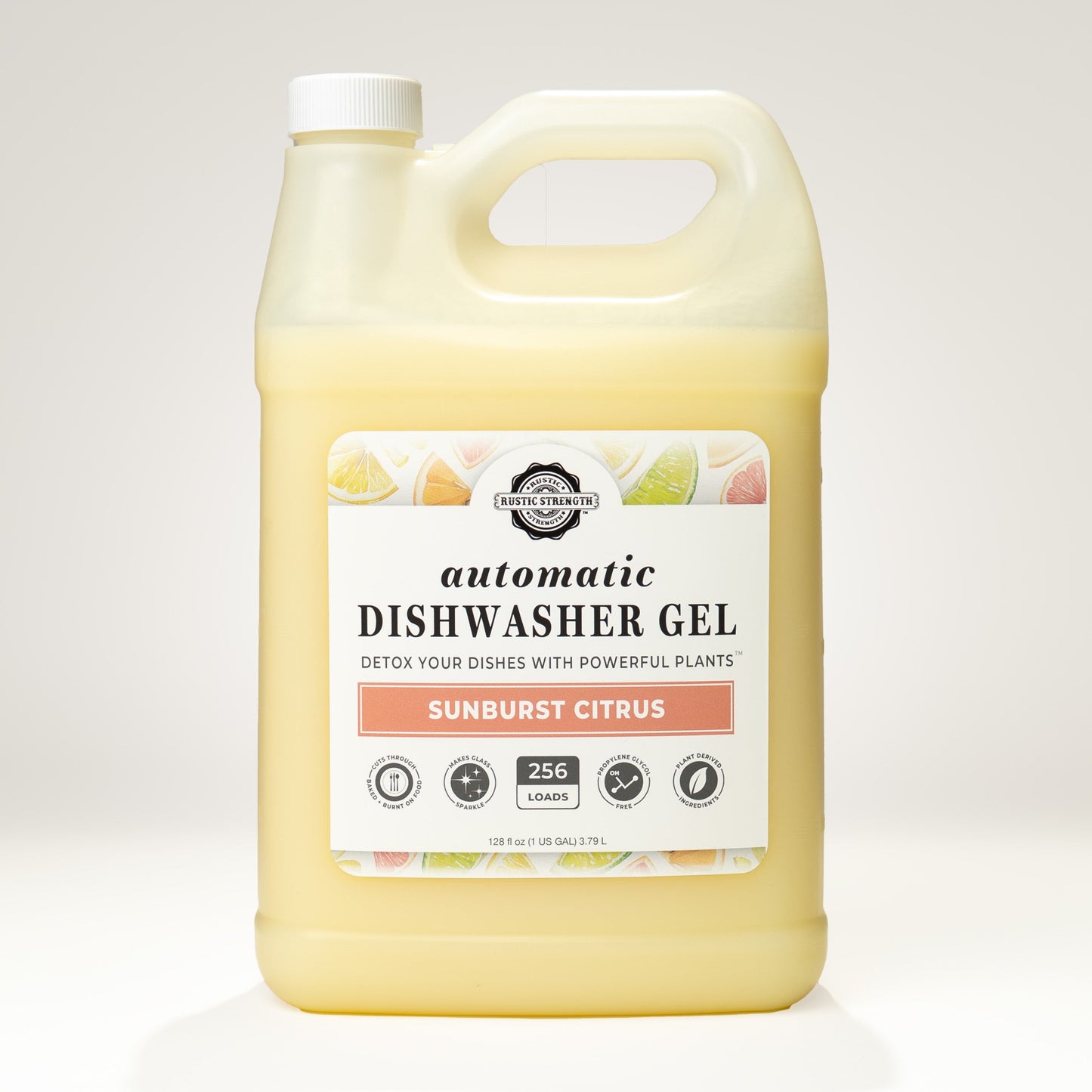 Rustic Strength Sunburst Citrus automatic dishwasher gel in a clear bottle with a bright citrus label and dispensing cap.